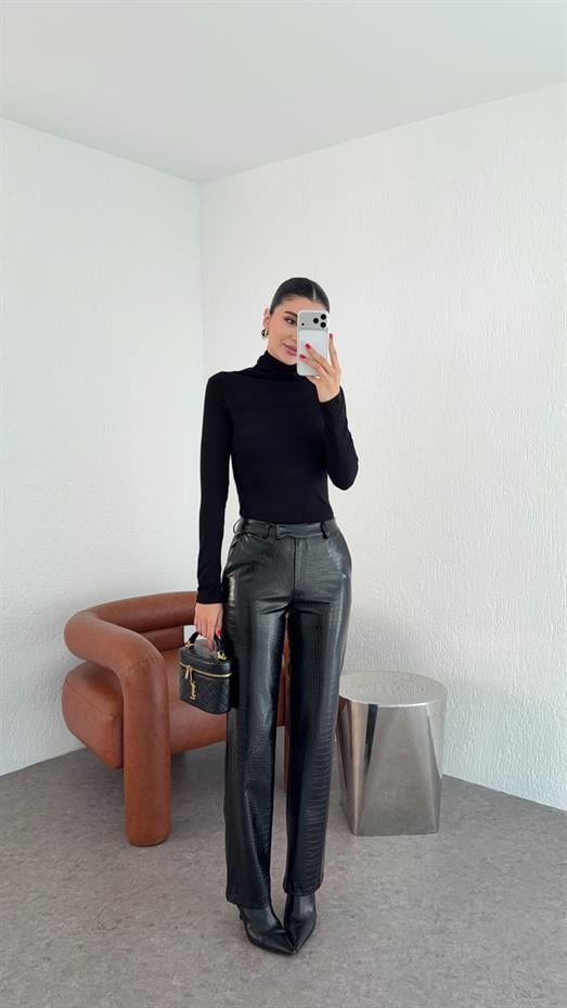 Kroc Siyah Deri Pantolon