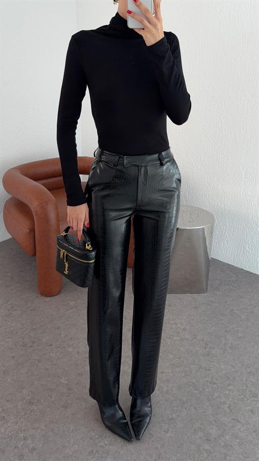 Kroc Siyah Deri Pantolon