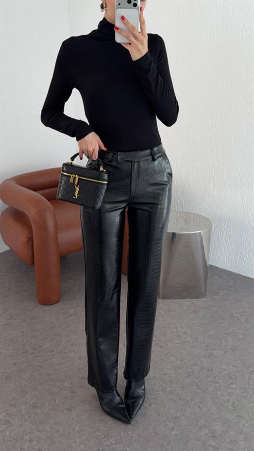 Kroc Siyah Deri Pantolon