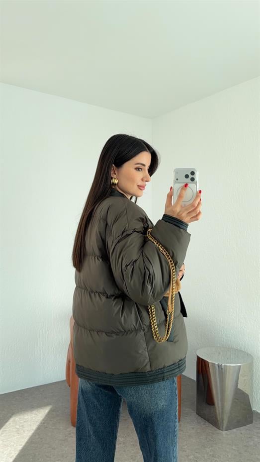 Kruvaze Haki Şişme Mont