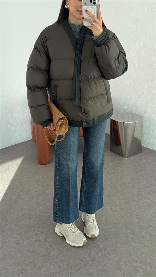 Kruvaze Haki Şişme Mont