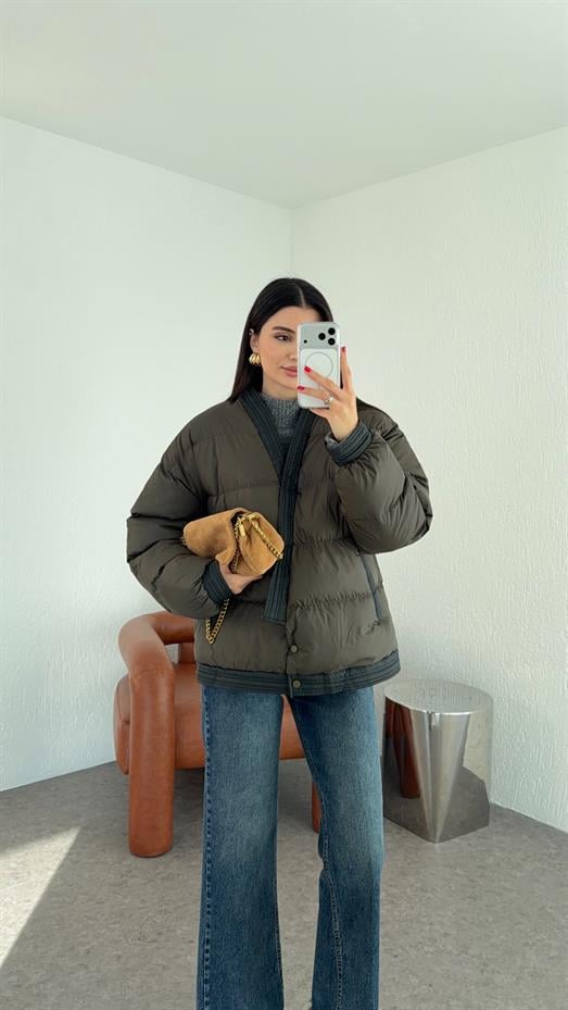 Kruvaze Haki Şişme Mont