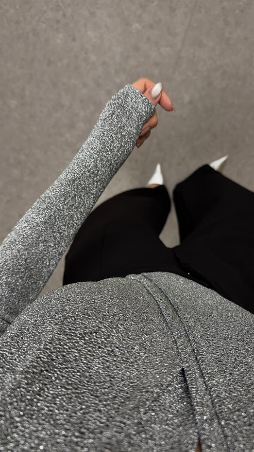 Kruvaze Simli Gümüş Bodysuit