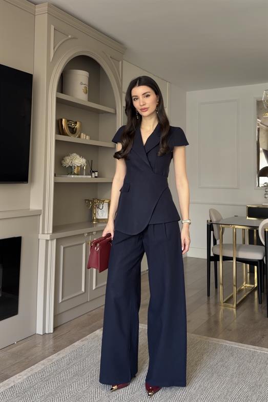 Kruvaze Yelek-Pantolon Lacivert Premium Takım