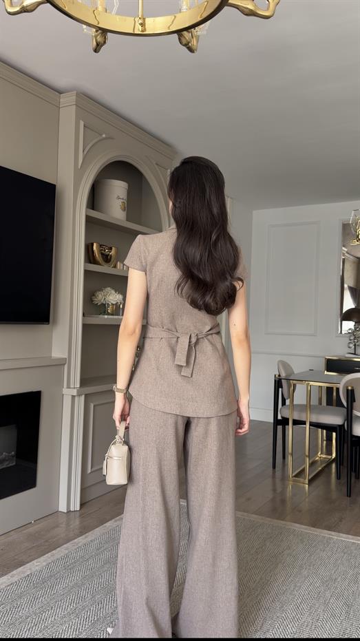 Kruvaze Yelek-Pantolon Vizon Premium Takım