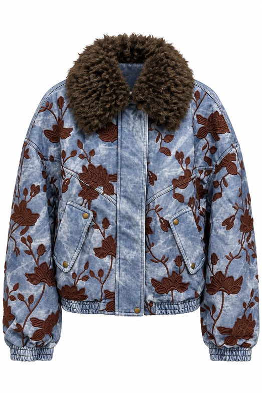Kürk Yaka Çiçek Nakışlı Denim Bomber Ceket