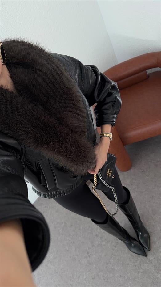 Kürklü Siyah Deri Mont