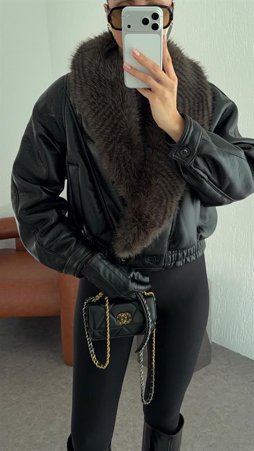 Kürklü Siyah Deri Mont