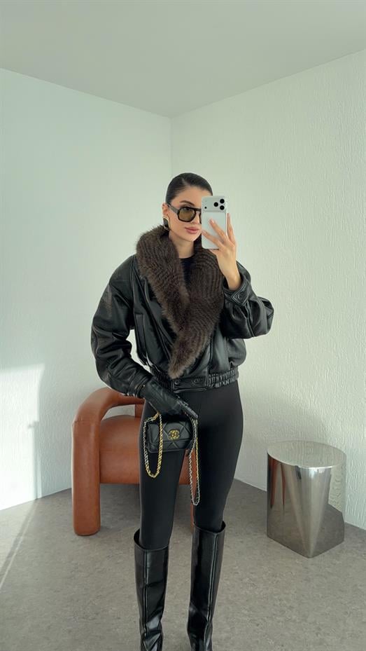 Kürklü Siyah Deri Mont