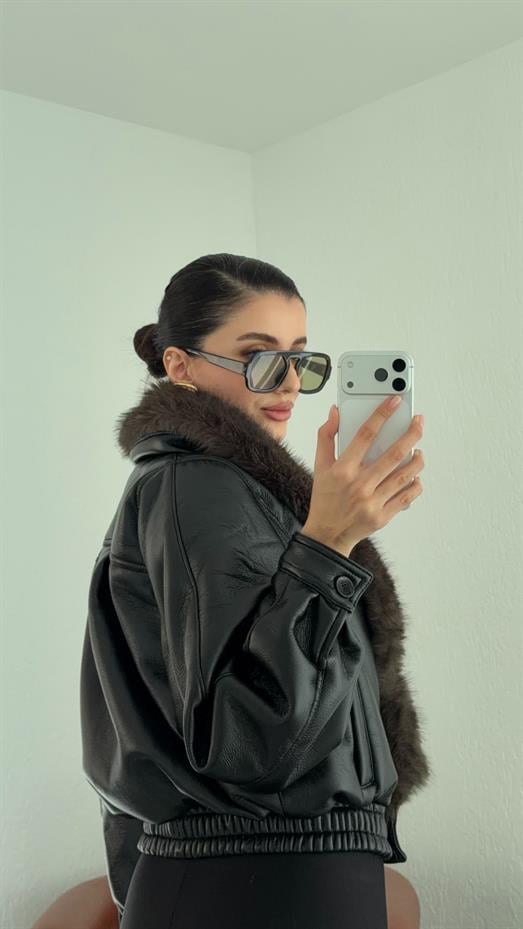 Kürklü Siyah Deri Mont