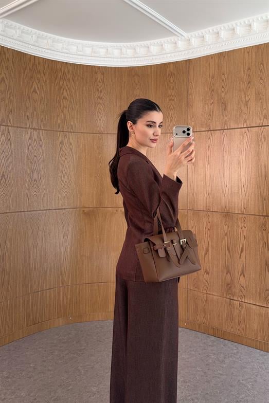 Kuş Gözü Detaylı Blazer-Palazzo Kahve Takım