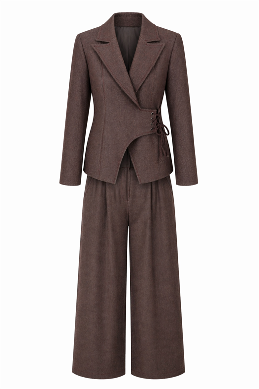 Kuş Gözü Detaylı Blazer-Palazzo Kahve Takım