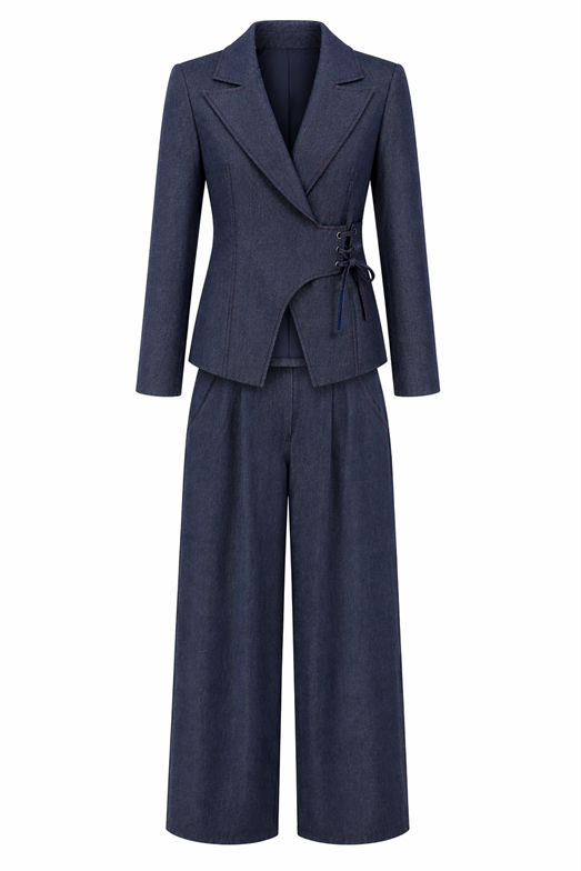 Kuş Gözü Detaylı Blazer-Palazzo Lacivert Takım