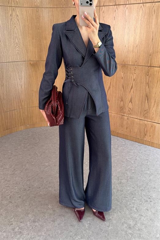 Kuş Gözü Detaylı Blazer-Palazzo Lacivert Takım