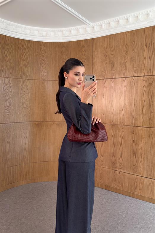 Kuş Gözü Detaylı Blazer-Palazzo Lacivert Takım