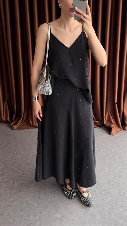 Kuş Gözü Siyah Etek-Bluz Takım