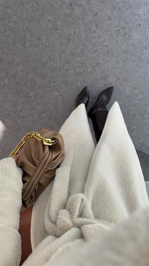 Kuşaklı Premium Krem Uzun Kürk