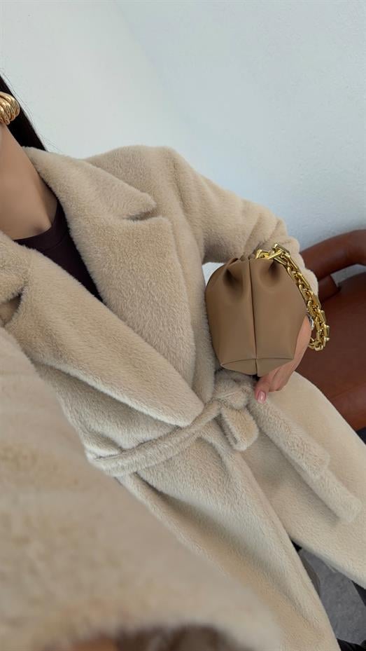 Kuşaklı Premium Krem Uzun Kürk