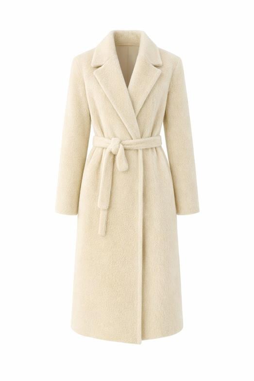 Kuşaklı Premium Krem Uzun Kürk