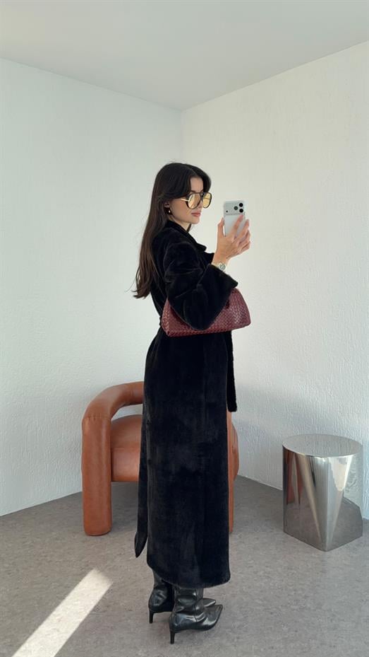 Kuşaklı Premium Siyah Uzun Kürk