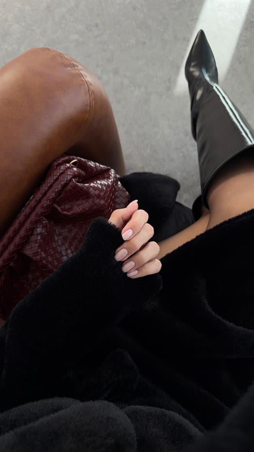 Kuşaklı Premium Siyah Uzun Kürk