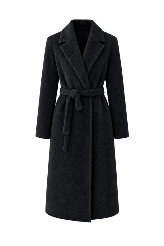 Kuşaklı Premium Siyah Uzun Kürk