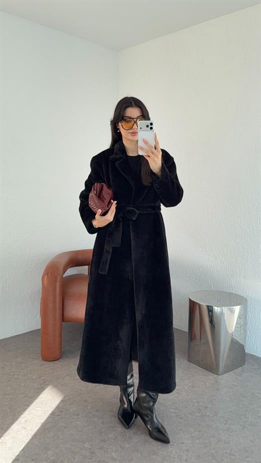 Kuşaklı Premium Siyah Uzun Kürk