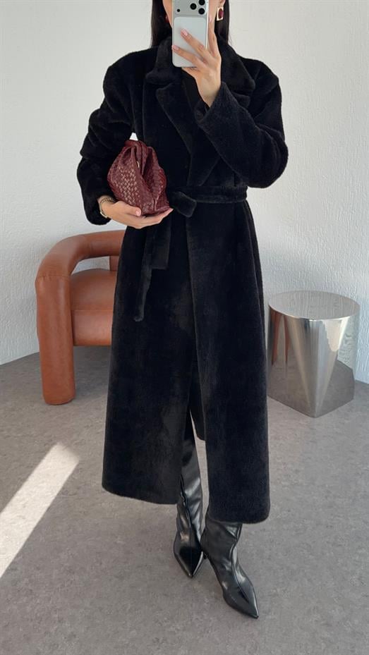 Kuşaklı Premium Siyah Uzun Kürk