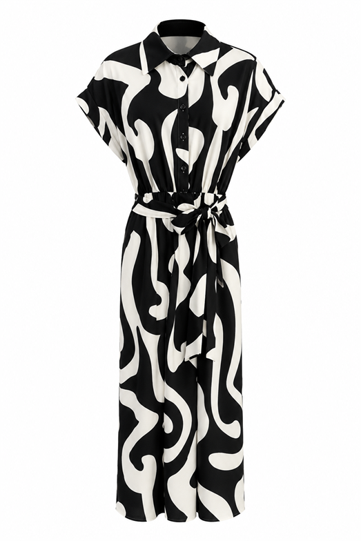 Kuşaklı Siyah Beyaz Desenli Elbise