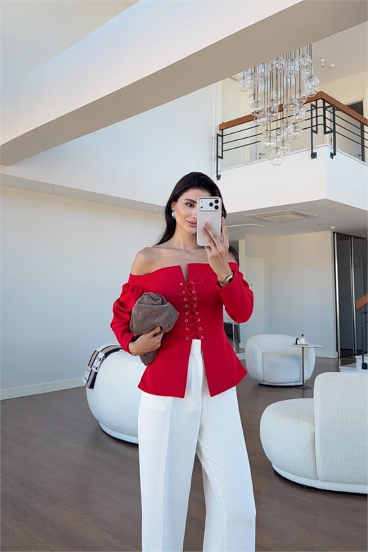 Kuşgözü Detaylı Kırmızı Korse Bluz