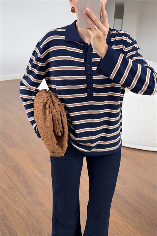 Lacivert Çizgili Polo Yaka Triko Sweat