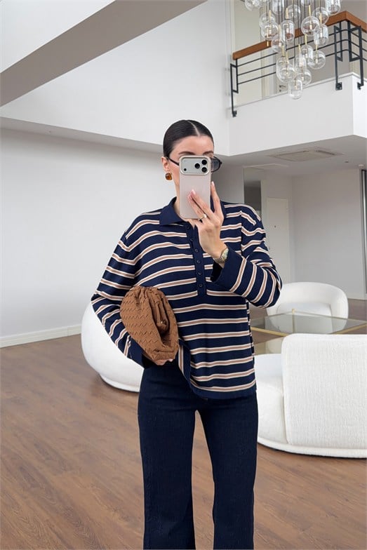 Lacivert Çizgili Polo Yaka Triko Sweat
