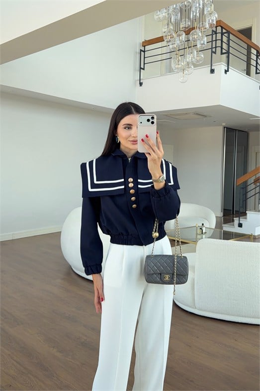 Lacivert Denizci Yaka Şeritli Crop Ceket