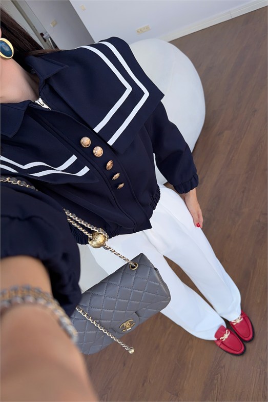 Lacivert Denizci Yaka Şeritli Crop Ceket