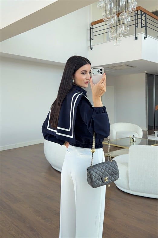 Lacivert Denizci Yaka Şeritli Crop Ceket