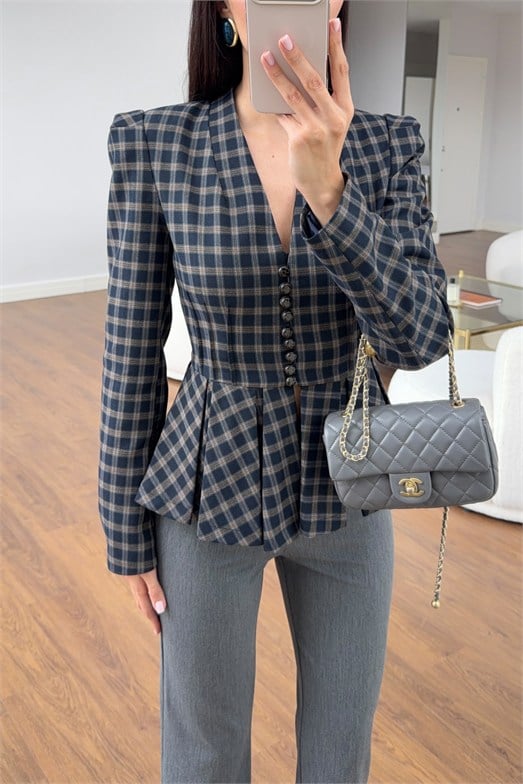 Lacivert Ekose Pileli Peplum Ceket
