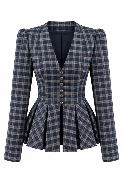 Lacivert Ekose Pileli Peplum Ceket
