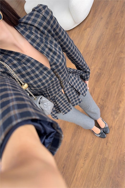 Lacivert Ekose Pileli Peplum Ceket