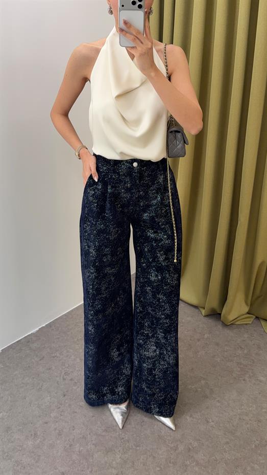 Lacivert-Gümüş Kadife Pantolon