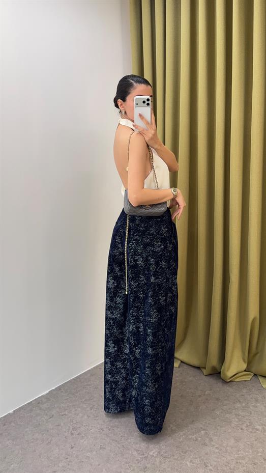 Lacivert-Gümüş Kadife Pantolon