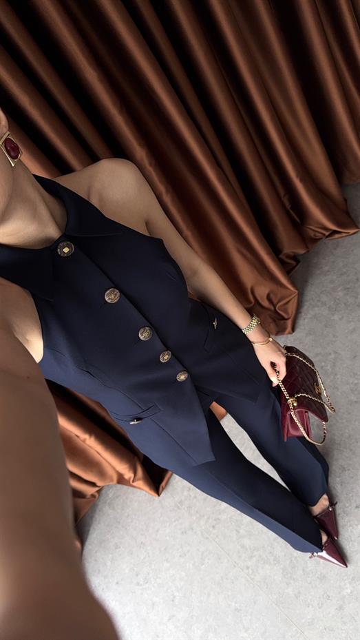 Lacivert Halter Yaka Yelek-Pantolon Takım