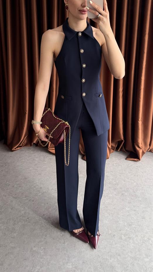 Lacivert Halter Yaka Yelek-Pantolon Takım