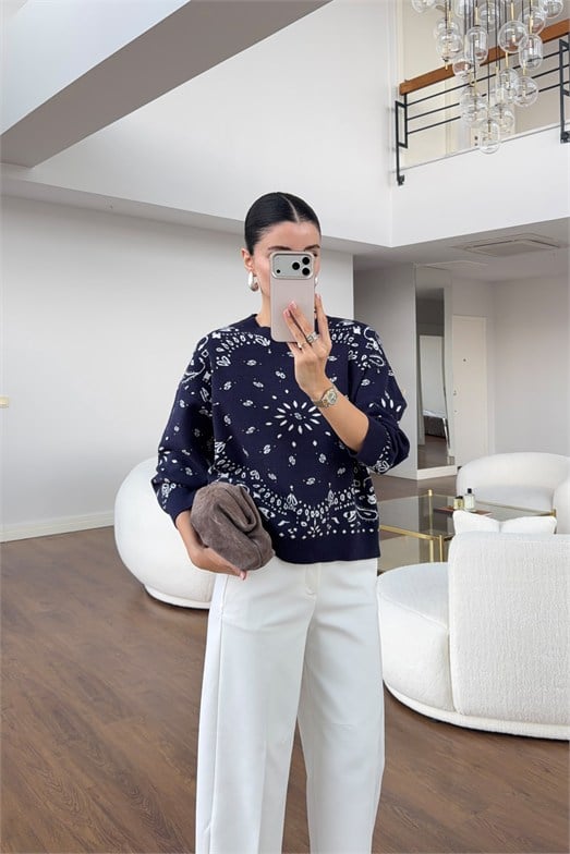 Lacivert Paisley Desen Rahat Kesim Triko Kazak