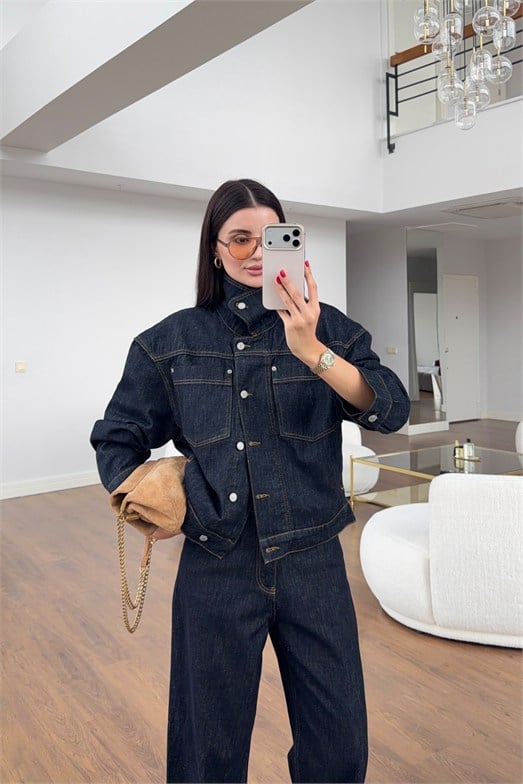 Lacivert Raw Denim Ceket-Pantolon İkili Takım