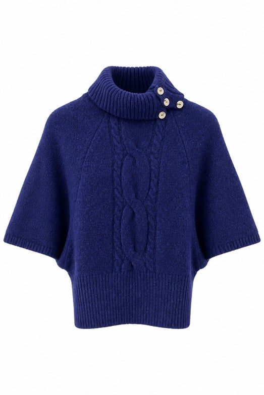 Lacivert Retro Stil Yüksek Yaka Saç Örgü Triko Bluz