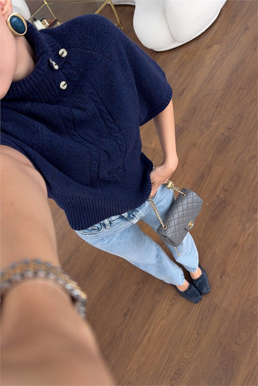 Lacivert Retro Stil Yüksek Yaka Saç Örgü Triko Bluz