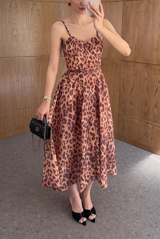 Leopar Desenli Askılı Keten Elbise