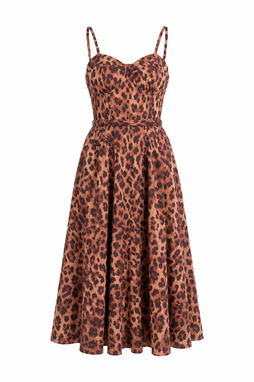Leopar Desenli Askılı Keten Elbise