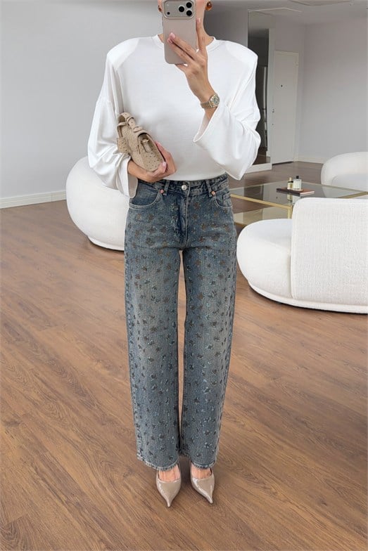 Leopar Taş İşlemeli Yıkamalı Straight Denim