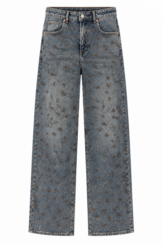 Leopar Taş İşlemeli Yıkamalı Straight Denim